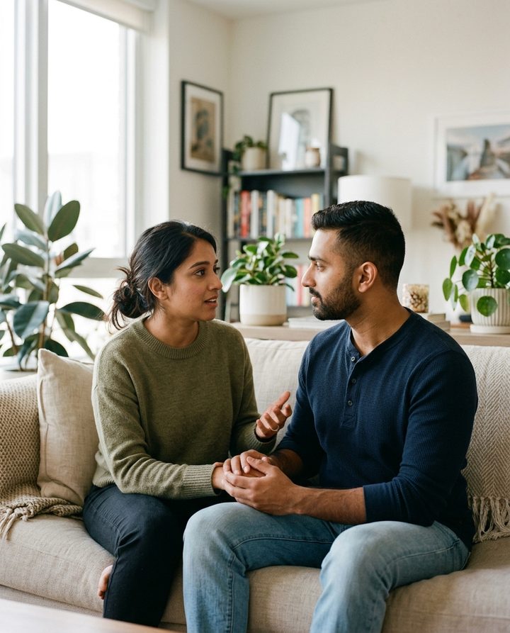 A couple reconnecting through a warm, honest conversation on a bright living-room sofa.