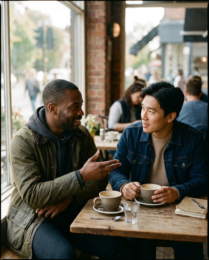Two male friends of different backgrounds talking openly over coffee at a cafe.