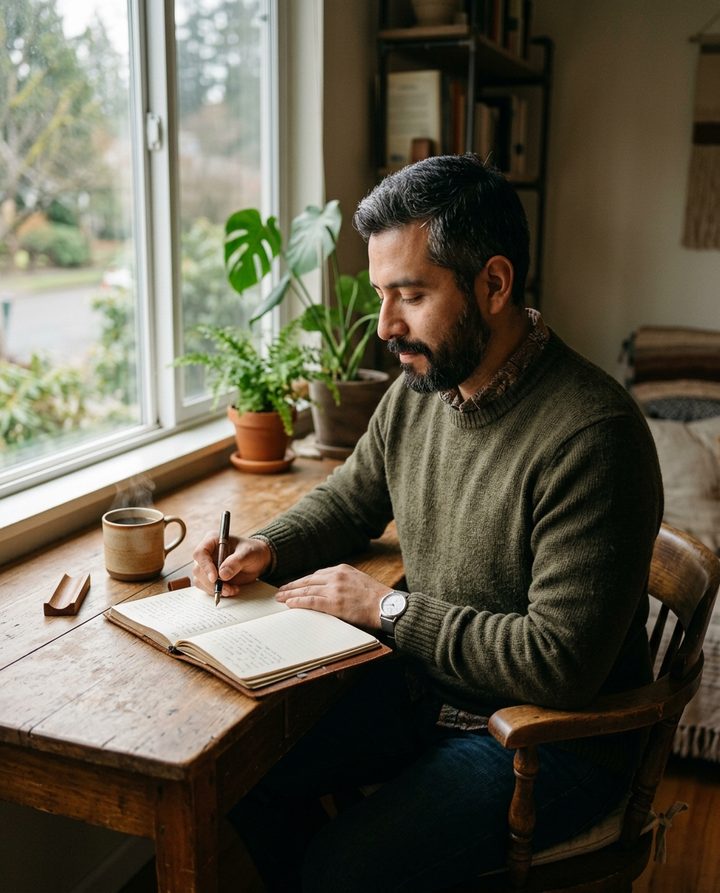 A man journaling and reflecting quietly at a wooden desk in morning light.