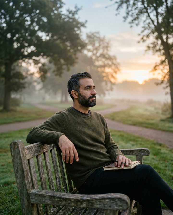 A man sitting peacefully alone on a park bench at dawn, practicing self-awareness.